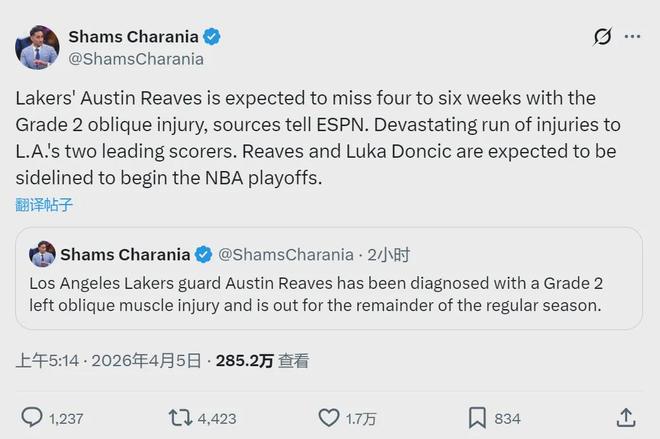 湖人核心里夫斯伤退 影响季后赛前景